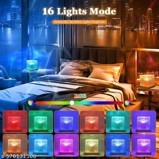Acrylic Romantic Ocean Wave Night Light Projector Lamp, 3D Water Wave Effect Crystal Table Lamp with Remote Control (Battery Not Included), LED Projection for Bedroom Decor, Cube Matify