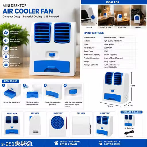 Mini Protable Air Cooler 3 IN 1 Speed for fragranced ambiance in Home & Kitchen, Car & Office work Table,Fragrancing Air, USB & Battery Operated, Pack of 1,