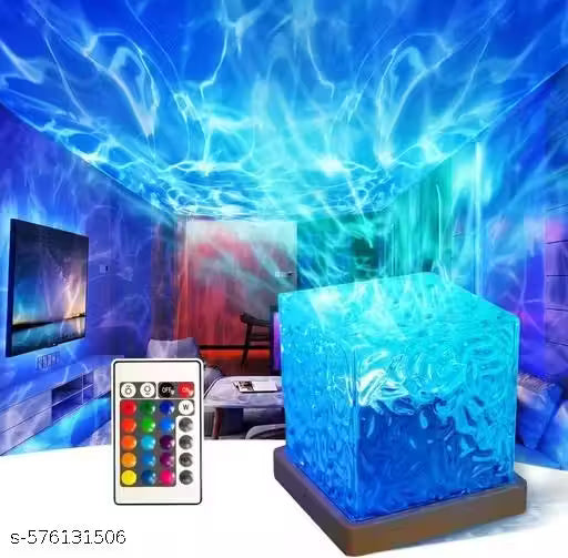 Acrylic Romantic Ocean Wave Night Light Projector Lamp, 3D Water Wave Effect Crystal Table Lamp with Remote Control (Battery Not Included), LED Projection for Bedroom Decor, Cube Matify