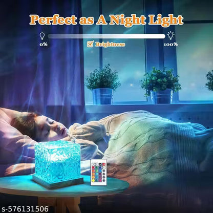 Acrylic Romantic Ocean Wave Night Light Projector Lamp, 3D Water Wave Effect Crystal Table Lamp with Remote Control (Battery Not Included), LED Projection for Bedroom Decor, Cube Matify