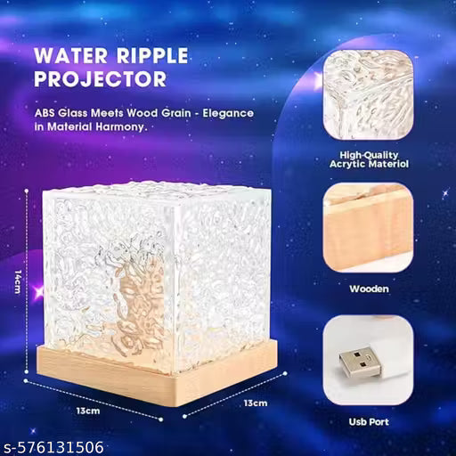 Acrylic Romantic Ocean Wave Night Light Projector Lamp, 3D Water Wave Effect Crystal Table Lamp with Remote Control (Battery Not Included), LED Projection for Bedroom Decor, Cube Matify